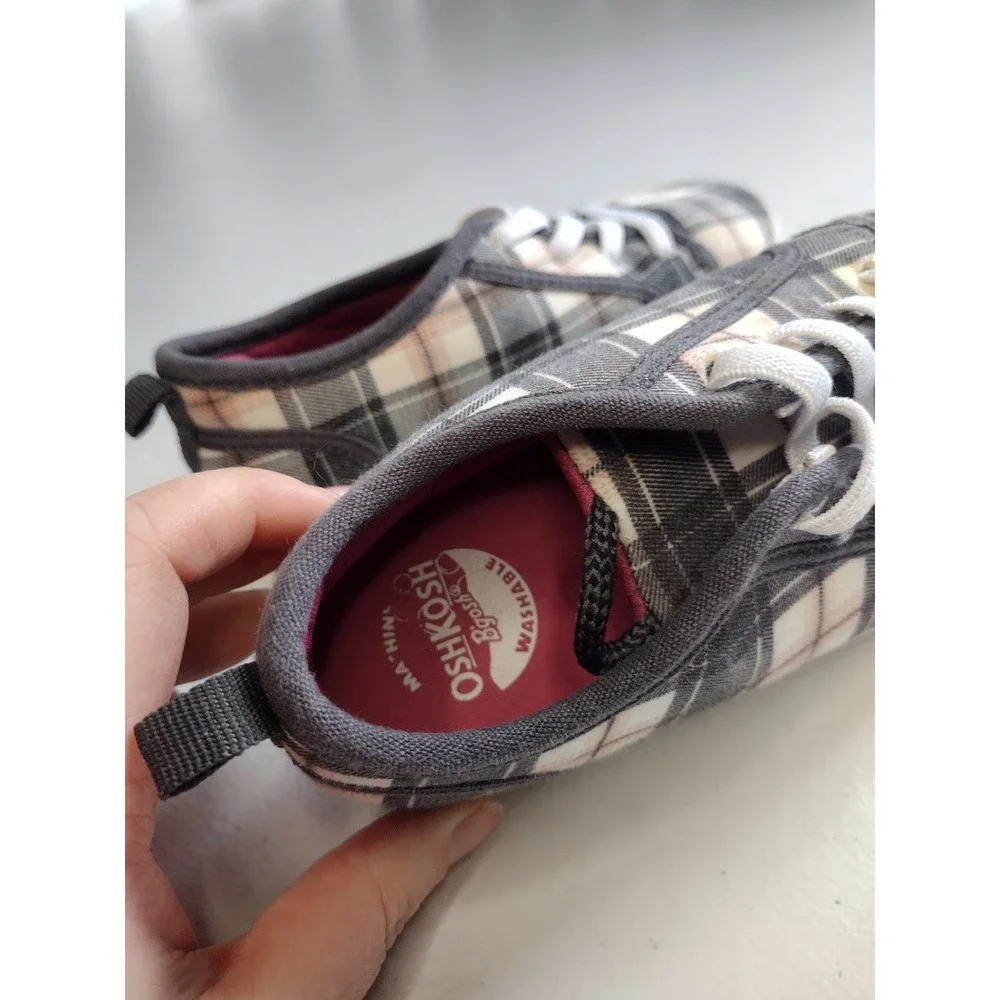 OshKosh Bgosh Kids Plaid Machine Washable Slip On Sneakers Grey Tan‎ 11 SYRUP